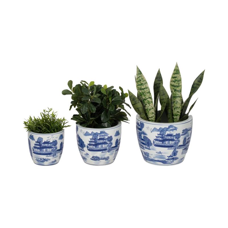 Set of 3 Ceramic Planters Contemporary Vintage Style Blue and White Planters with Chinoiserie Style Design for Home or