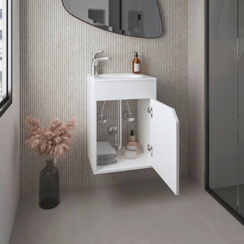 Floating Wide One-Door Vanity With Resin Sink And Two Shelves, Bathroom Storage