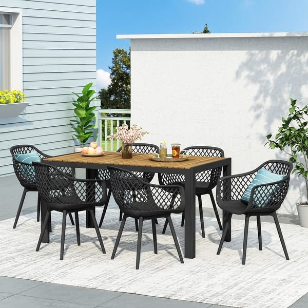 slide 2 of 10, Roma Outdoor Wood and Resin Outdoor 7 Piece Dining Set by Christopher Knight Home Black + Teak - 7-Piece Sets