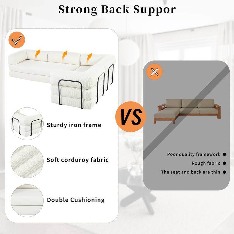 107" L-Shaped Convertible Modular Sofa with Iron Frame Support, Corduroy Upholstered Sectional Sleeper Couch for Living Room