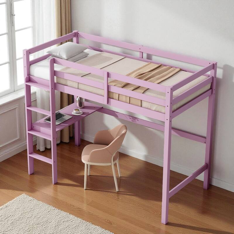 Twin Size Wooden High Loft Bed with Built-in Desk and Ladder, Solid Rubber Wood Loft Bed with Safety Guardrails