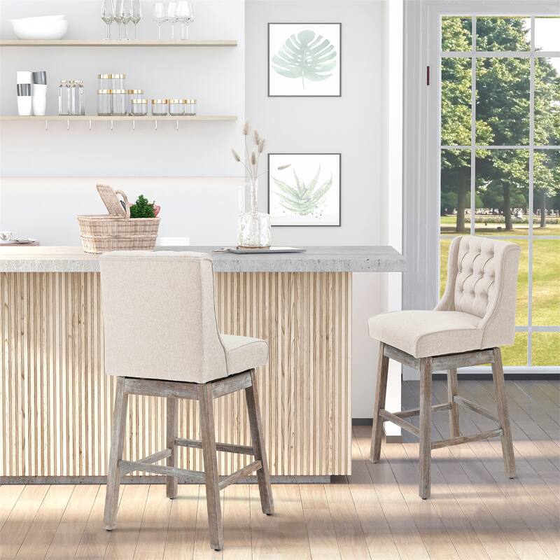 30" Height Swivel Bar Stools Set of 2 with Solid Wood Footrests