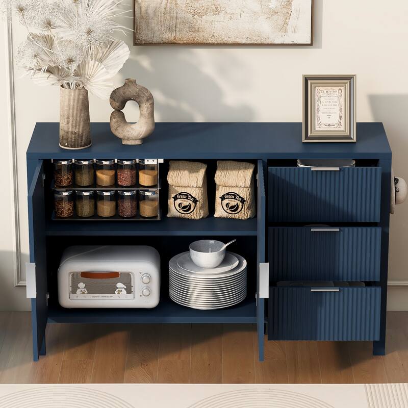 Modern Large Storage Buffet Cabinet with 3 Drawers and Wave-Pattern Doors, Sideboard with Hooks and Extra Center Leg - Navy Blue