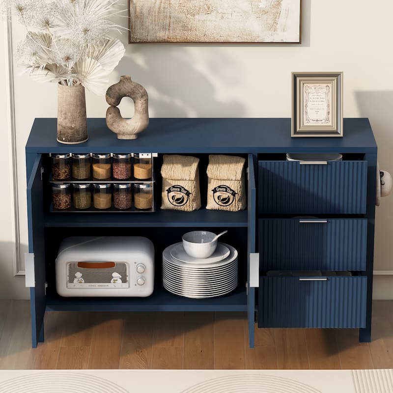 Modern Wave-Pattern Sideboard with 3 Drawers, Large Storage Buffet Cabinet with Hooks and Extra Center Leg, for Living Room