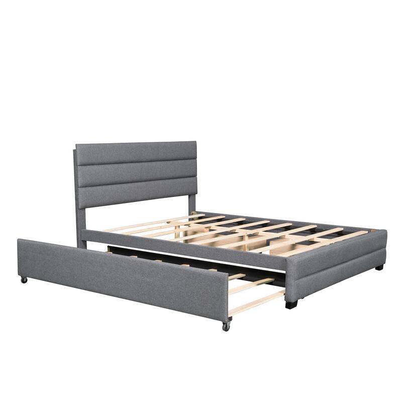 Upholstered Queen Size Platform Bed with 2 Storage Drawers and Twin Trundle Bed, Wood Queen Bed Frame with Linen Fabric