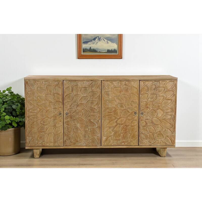 HomeRoots 70" Brown Distressed Solid Wood Carved Floral Sideboard with Four Doors - 70.00 in. x 38.00 in. x 18.00 in. - 70.00 in. x 38.00 in.  x 18.00 in.