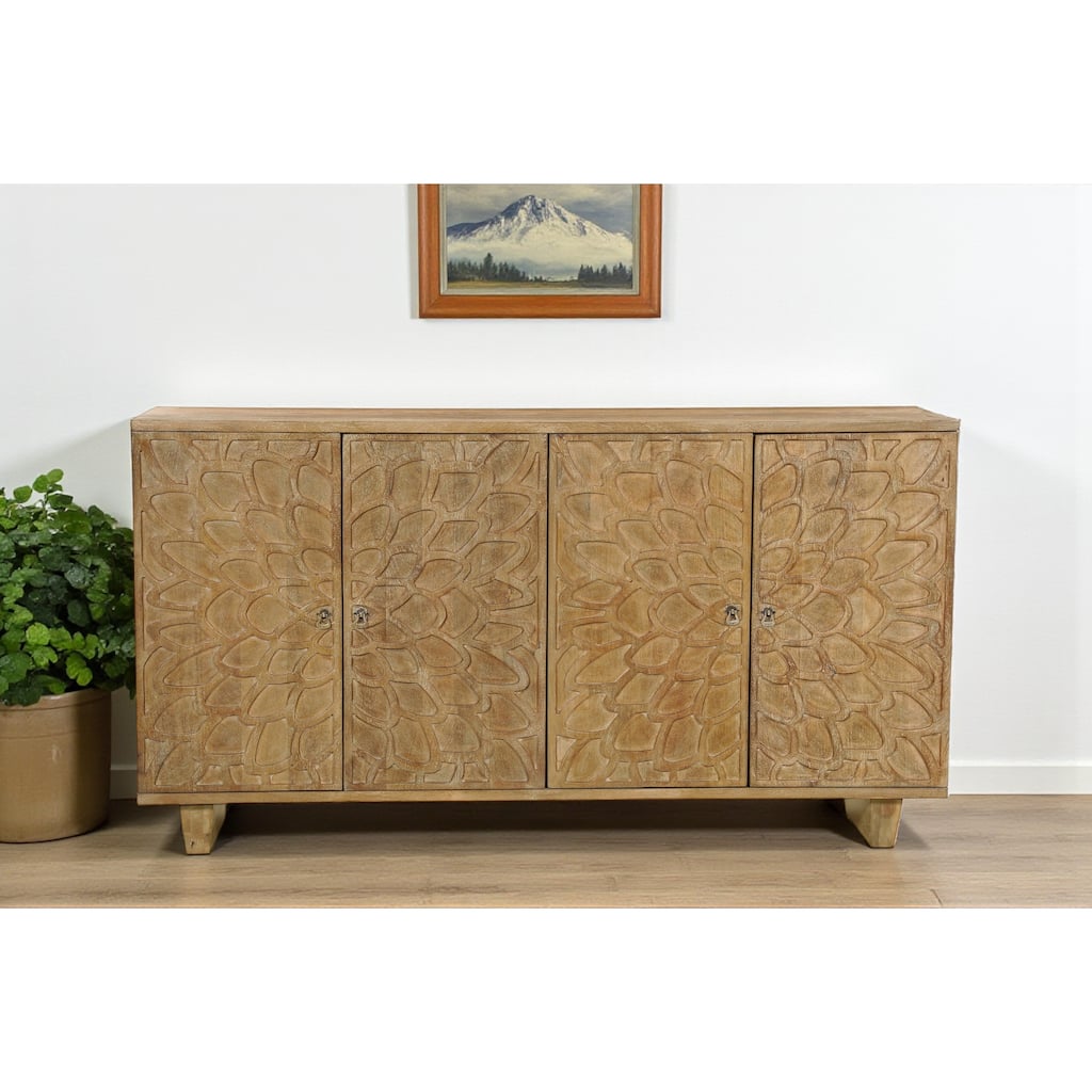 HomeRoots 70" Brown Distressed Solid Wood Carved Floral Sideboard with Four Doors - 70.00 in. x 38.00 in. x 18.00 in.