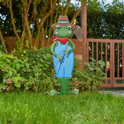 Glitzhome Metal/Wood Frog Stacked Mushroom Welcome Sign Yard Stakes Garden Wall Decor