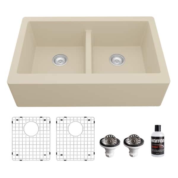 slide 2 of 63, Karran Farmhouse Apron Front Quartz Double Bowl Kitchen Sink Kit Bisque