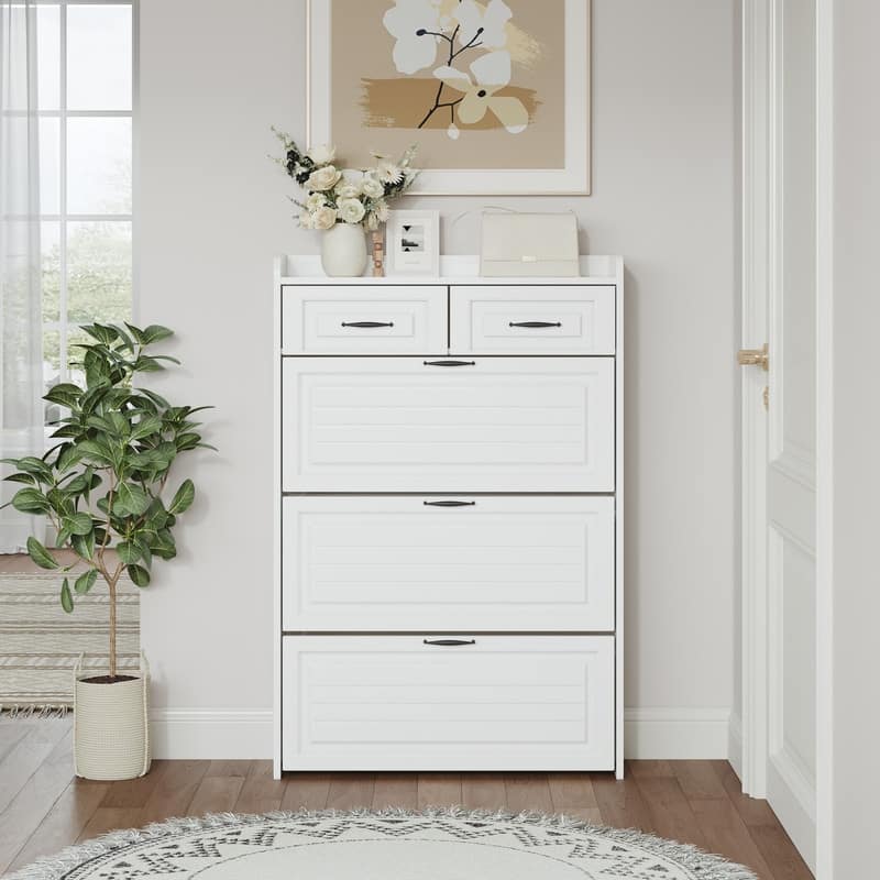 White Wooden Shoe Cabinet with 3 Doors and 2 Drawers