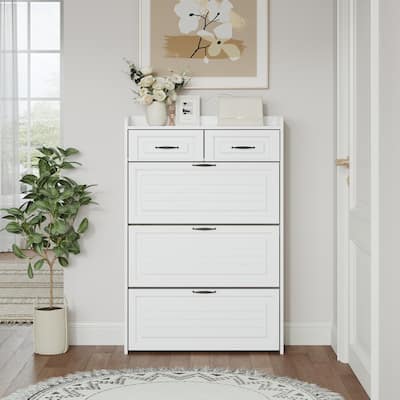 White Wooden Shoe Cabinet with 3 Doors and 2 Drawers