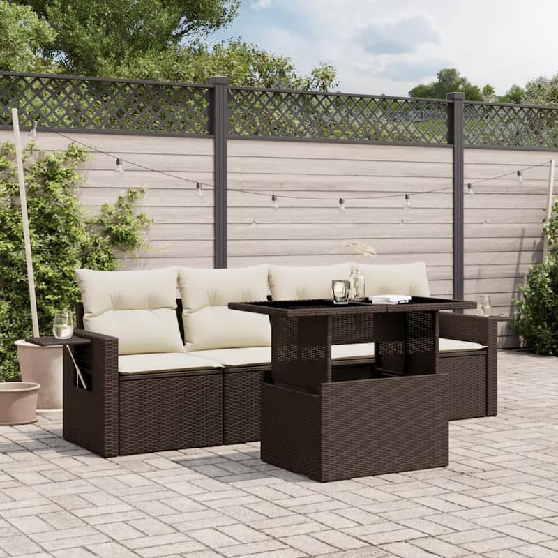 vidaXL Patio Sofa Set with Cushions Outdoor Furniture 5 Piece Poly Rattan - 21.7 x 39.4 x 28.7 - Brown and Cream-without storage