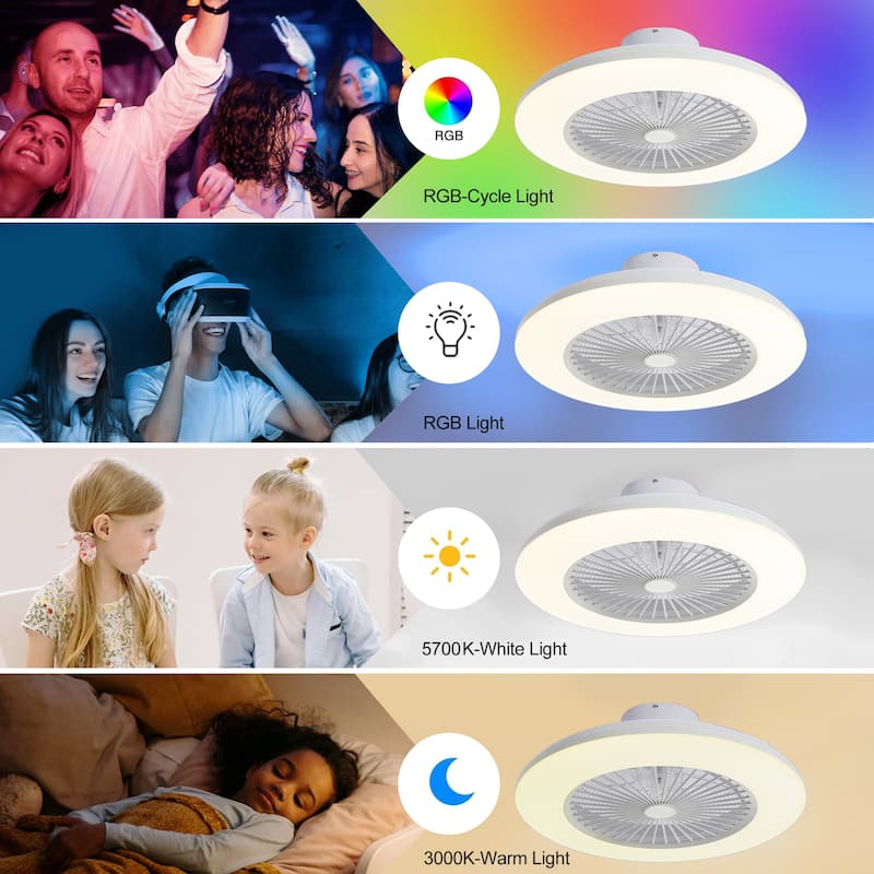 22" White Enclosed Low Profile Caged Smart LED Ceiling Fan Works with Alexa/Google/APP