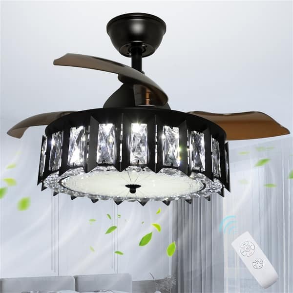 Crystal Retractable Blades Ceiling Fans with Light Black Bed Bath
