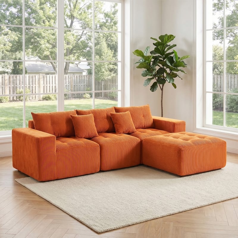 101.18" Corduroy Modular Sectional Sofa with Ottoman, No Assembly Required - Orange