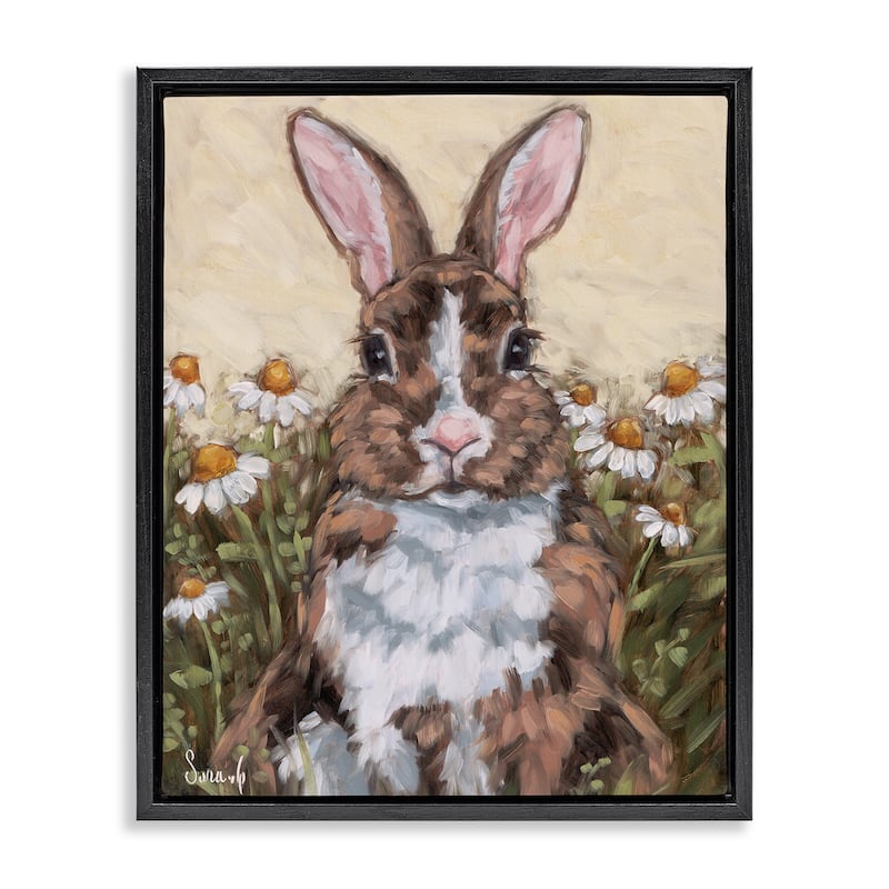 Stupell Rabbit Portrait with Daisies Framed Floater Canvas Wall Art Design By Sara G. Designs - 25 x 31 - Black