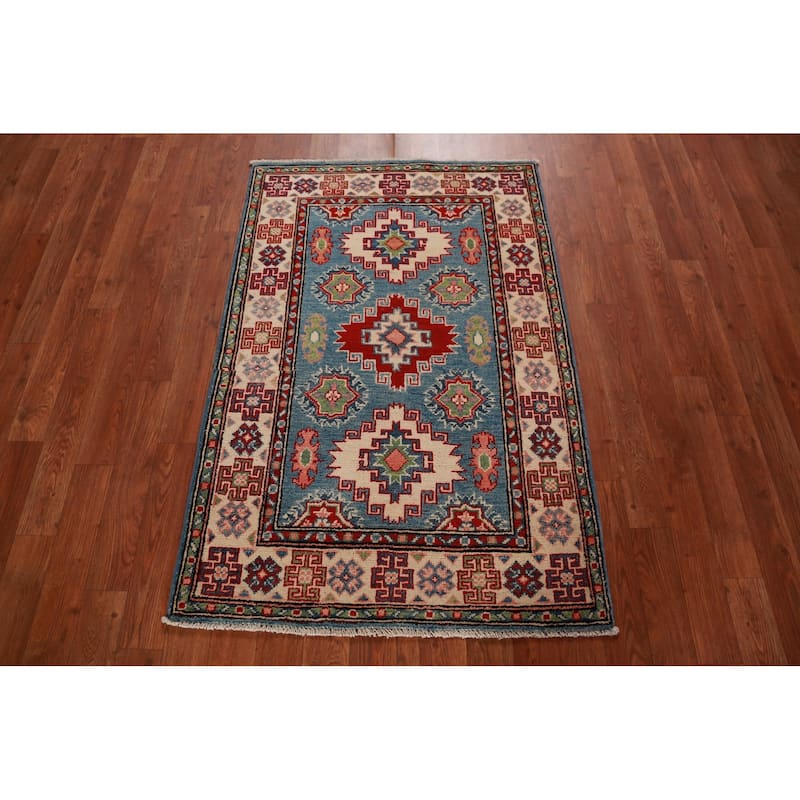 Geometric Blue Kazak Foyer Rug Hand-Knotted Accent Wool Carpet - 2'8"x 4'0"