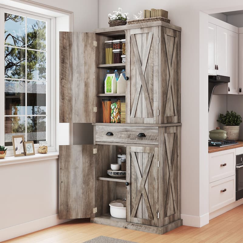Moasis 72" H Wood Farmhouse Kitchen Pantry Cabinet with Adjustable Shelves & Drawer