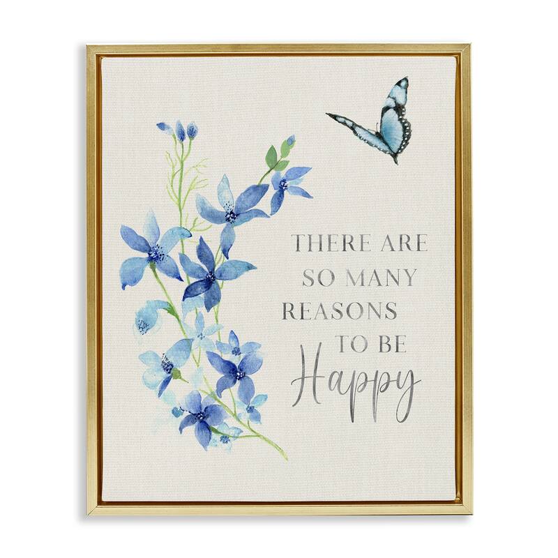 Stupell Reasons To Be Happy Floral Framed Floater Canvas Wall Art Design By Janet Tava - 17 x 21 - Gold