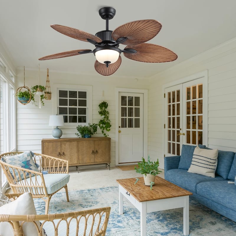 50 Inch Tropical Ceiling Fan with Llight Brown Palm Leaf Blades Glass Light Cover - 50 Inches