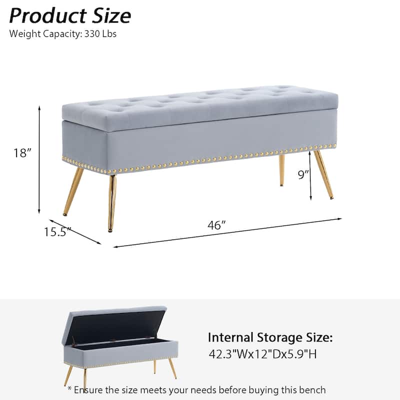 Velvet Storage Ottoman Bench with gold legs and Nailhead Trim for Bedroom/End of Bed/Entryway/Window