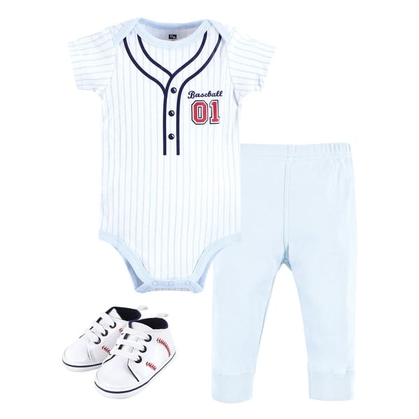 slide 1 of 1, Hudson Baby Infant Boy Cotton Bodysuit, Pant and Shoe Set, Lt Blue Baseball 12-18 Months - Lt Blue Baseball