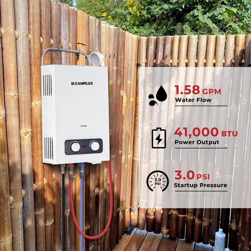 CAMPLUX 1.58 GPM Outdoor Portable Propane Tankless Water Heater with Handle, White