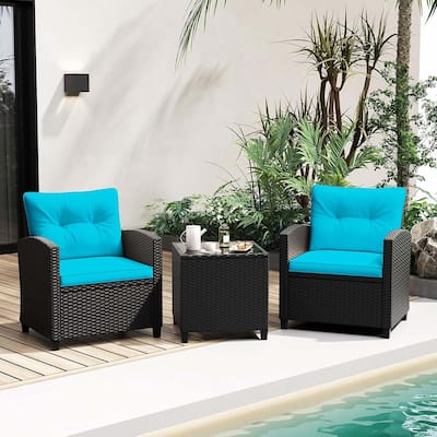 3 PCS Patio Furniture Set Rattan Conversation Set w/ Cushions & Table
