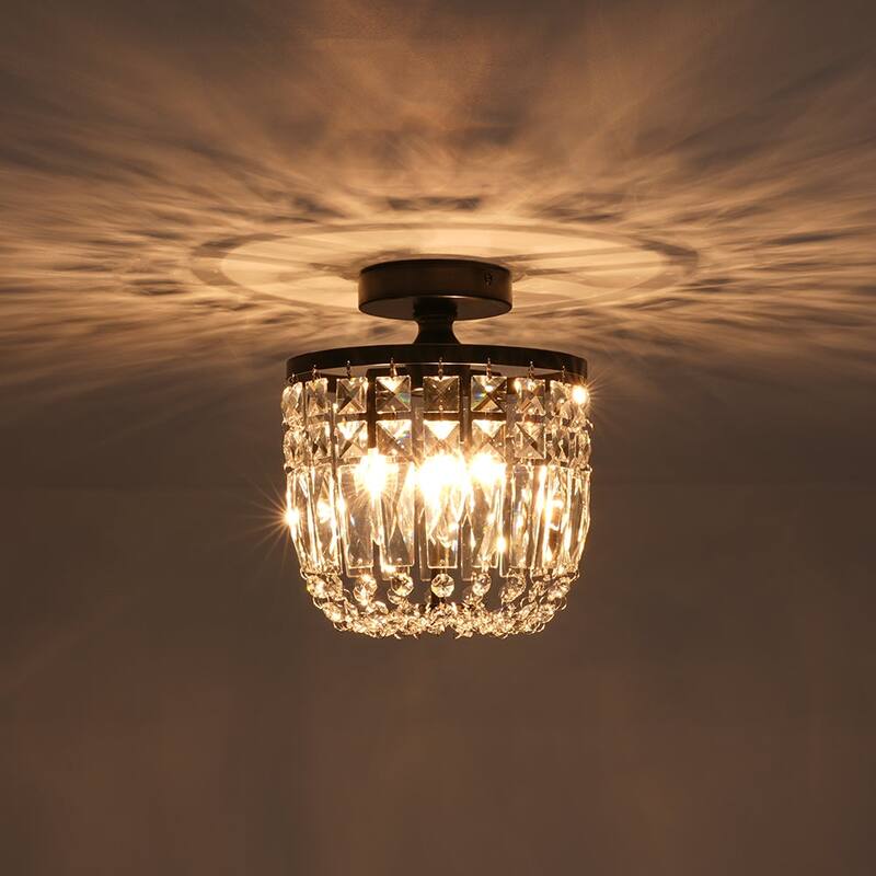 Minimalist 3-light Black Round Crystal Semi Flush Ceiling Light