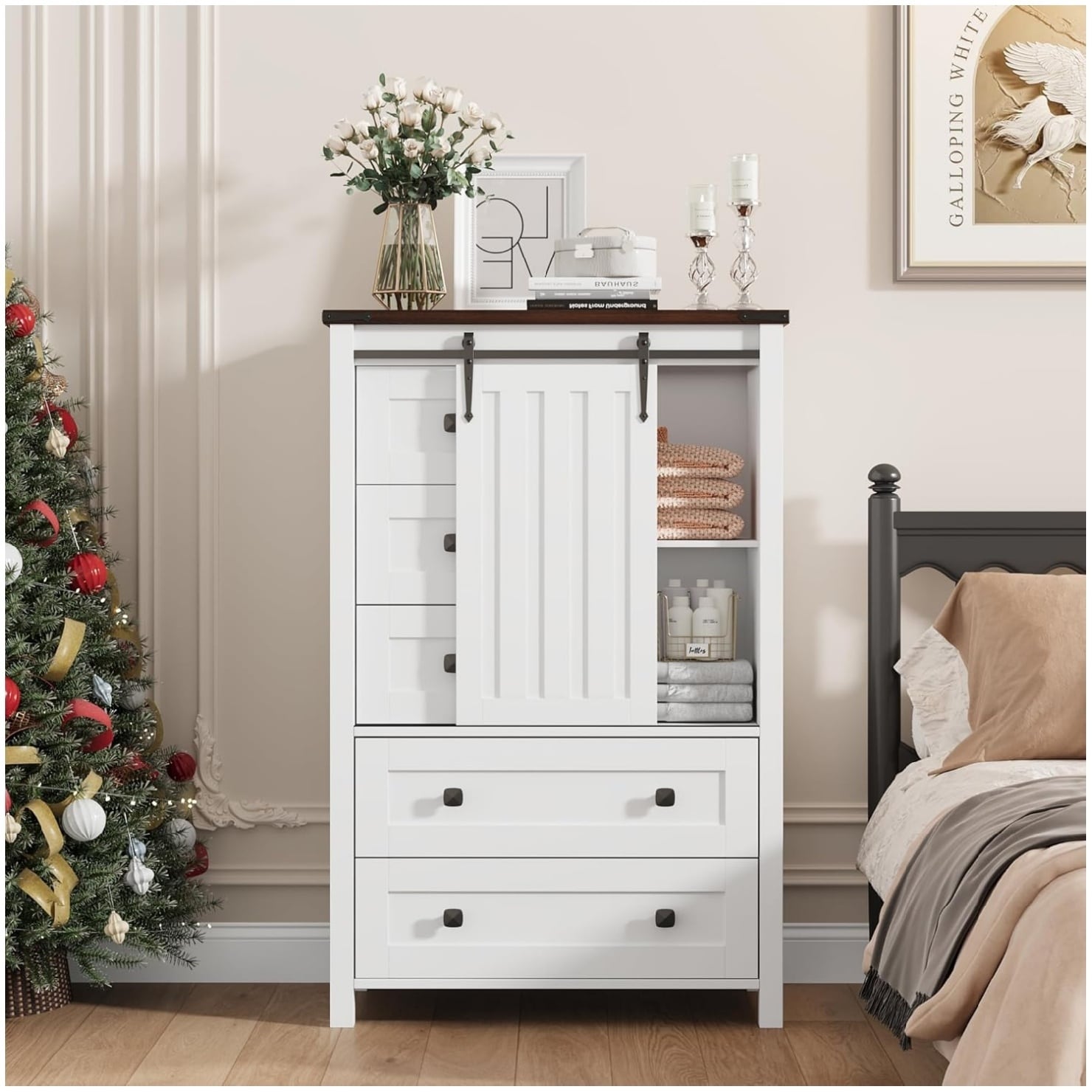 48" Farmhouse 5-Drawer Dresser Sliding Barn Door