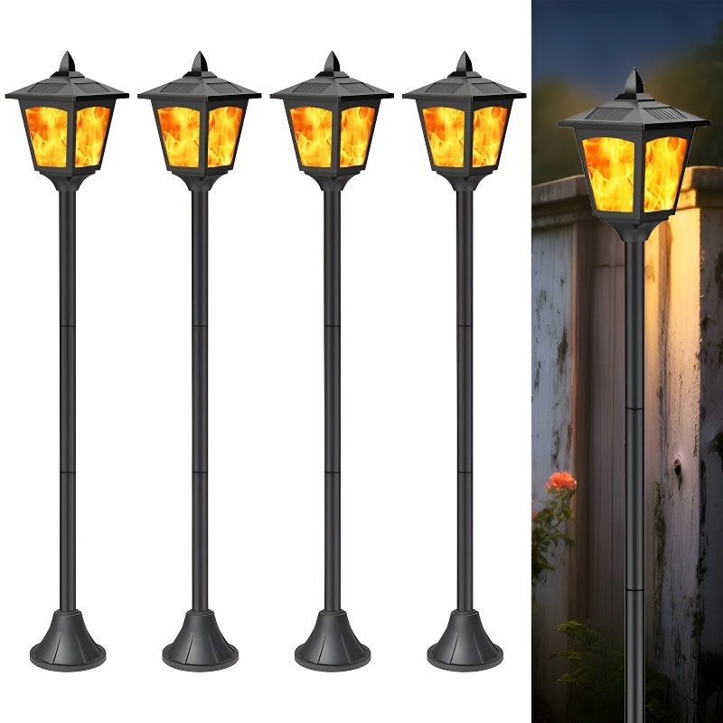 4 Pack 40" Solar Flame Flickering Lights Outdoor, LED Post Lanterns for Garden & Pathway, Waterproof - Black