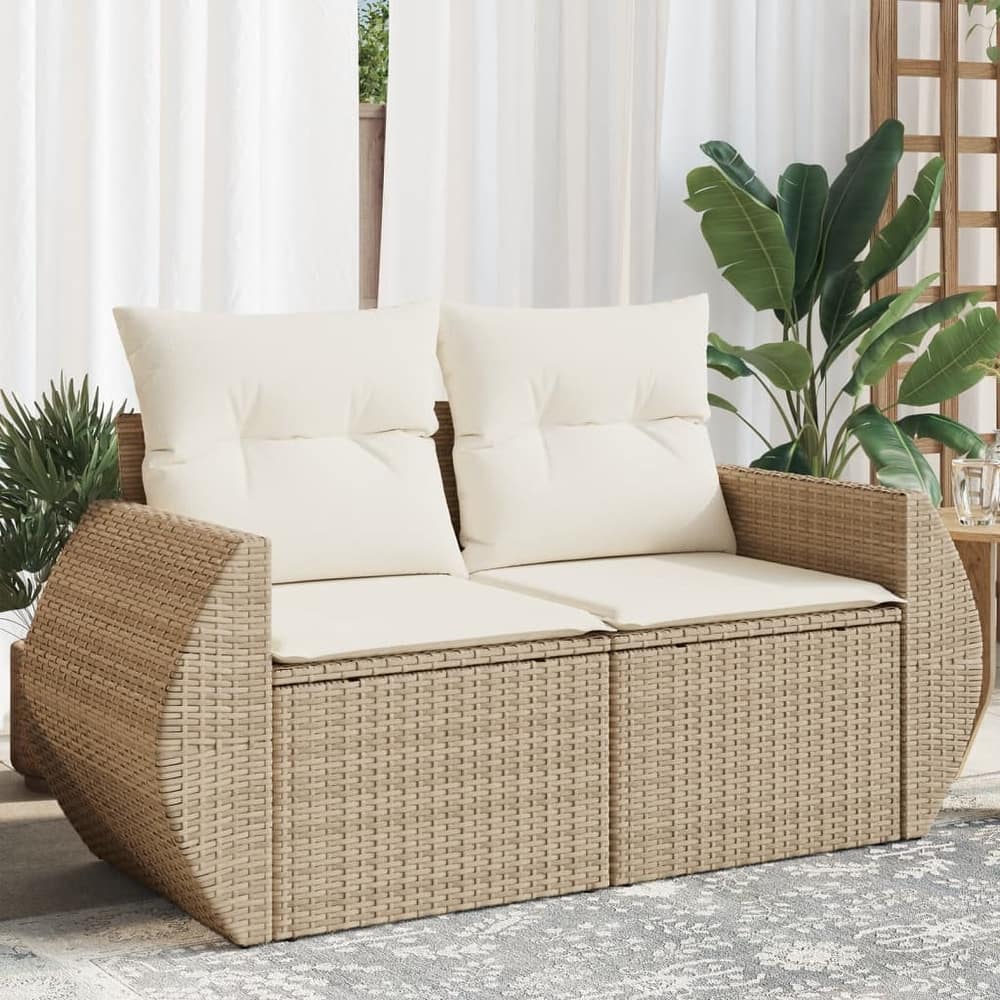 vidaXL Patio Sofa with Cushions 2-Seater Loveseat Modular Couch Poly Rattan - 24.4 x 55.9 x 27.2 in