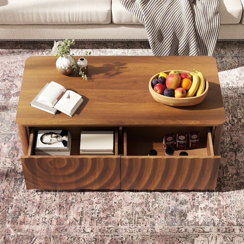 47"Rectangle Coffee Table With Storage Square Spiral Grain Coffee Tables Walnut For Living Room Coffee Table With 2 Drawers
