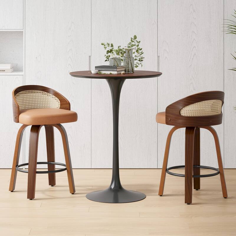 Swivel Bar Stools Set of 2, Modern Wood Frame with Rattan Back, PU Leather Stool for Kitchen Counter, Upholstered Barstools