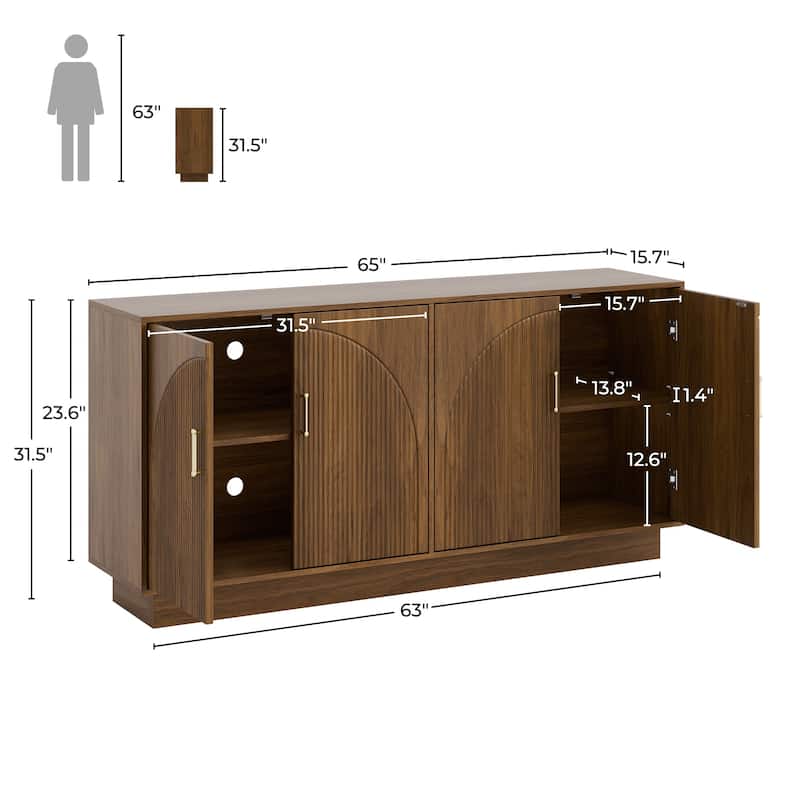 Mid-Century Fluted TV Stand with Storage Fits TVs up to 75", Entryway Console, Sideboard - 15.7"D x 65"W x 31.5"H