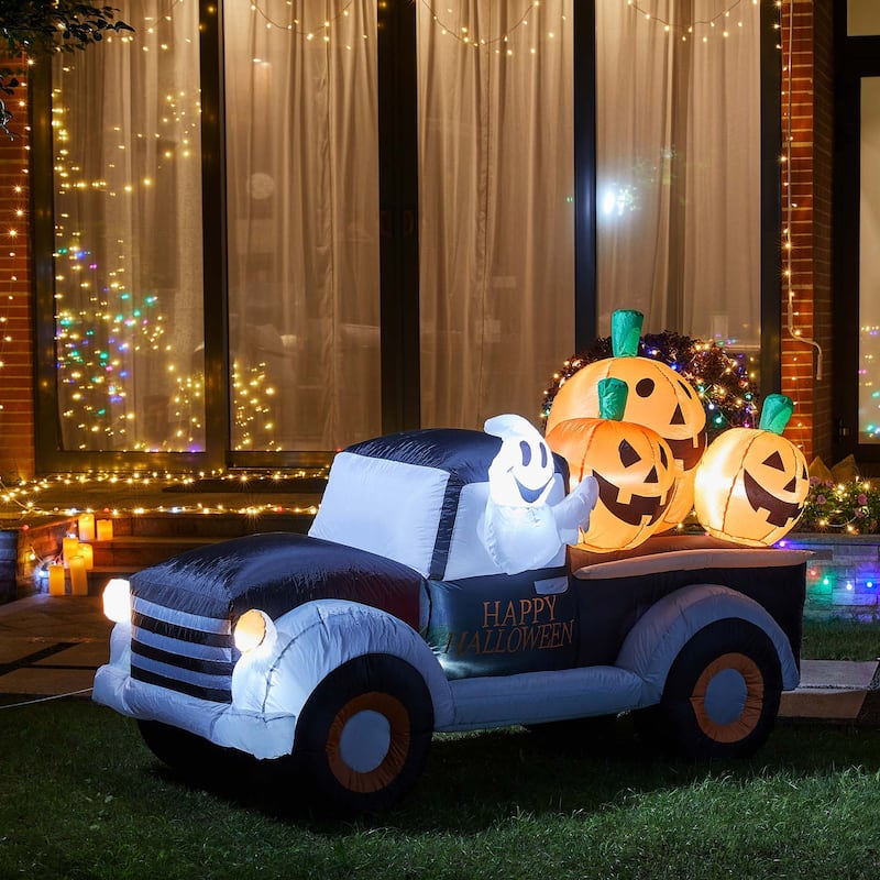 Glitzhome 8ft Halloween Lighted Inflatable Truck with Jack-O-Lantern Pumpkins Yard Decor