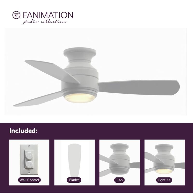 Fanimation Studio Collection Level 44 inch Matte White Flush Mount Ceiling Fan with LED Light and Wall Control