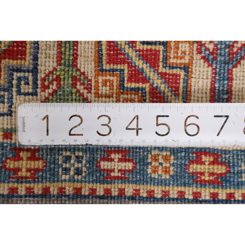 Grey Geometric Kazak Area Rug Handmade Oriental Wool Carpet - 4'1" x 6'2"