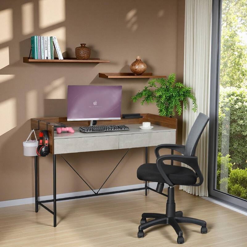 JJS 48" Home Office Computer Laptop Desk with Drawers, Modern Wooden Compact Study Writing Desk with Privacy Panel and Storage