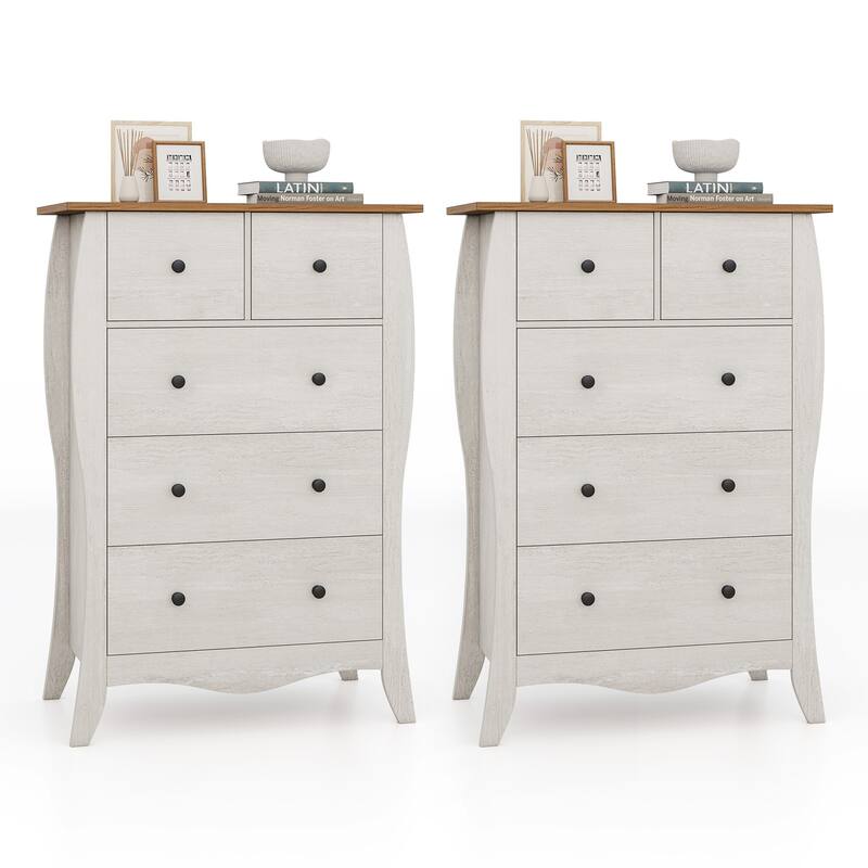 Gymax 2PCS 38'' Farmhouse Chest of Drawers w/ 5 Folding Fabric Drawers - Grey