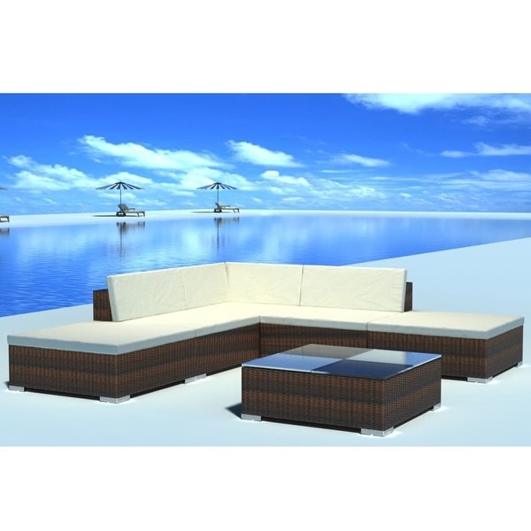 vidaXL 6 Piece Garden Lounge Set with Cushions Poly Rattan Brown - 28" x 28" x 25"