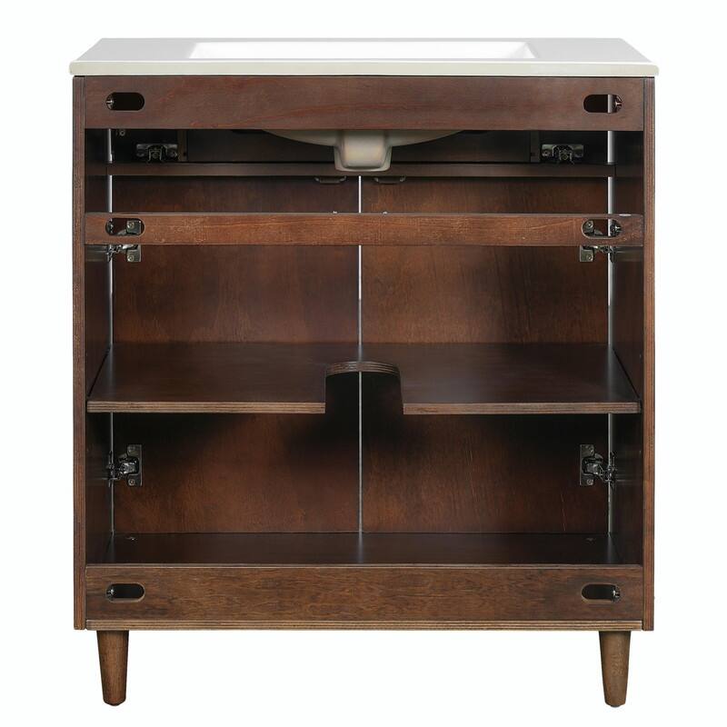 30" Bathroom Vanity with Ceramic Sink, Solid Wood Cabinet, Adjustable Shelf, Tip-Drawer & Rattan Panels