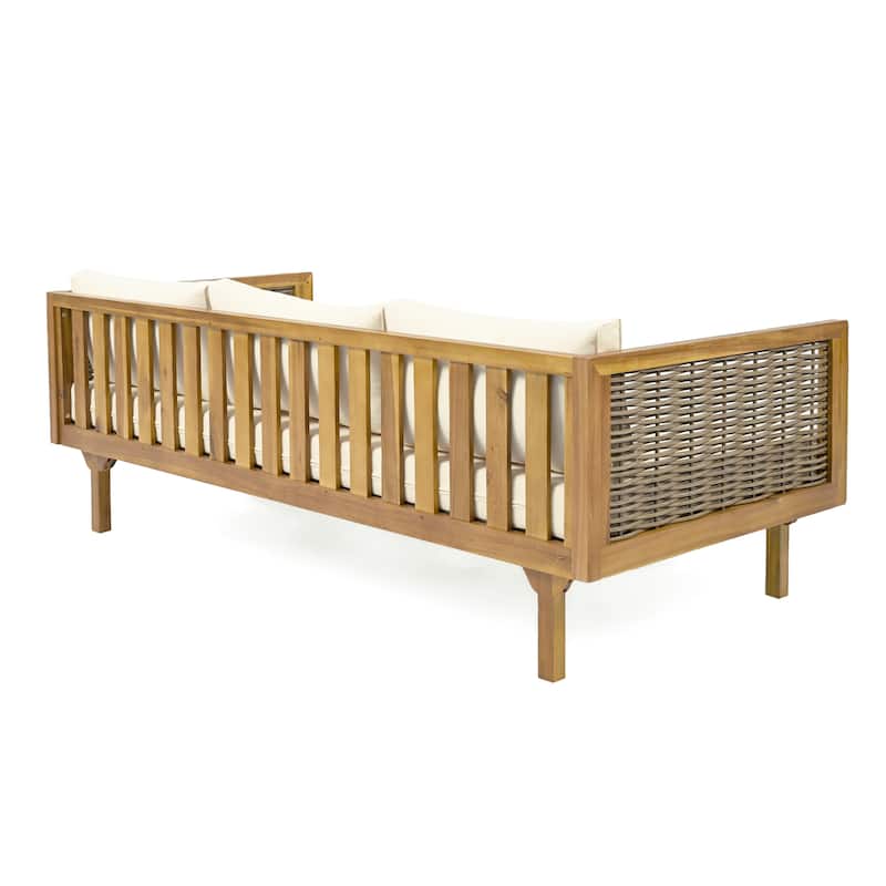 Roomfitters 3 Seater Wooden Patio Sofa, Wicker Panel Design, Modern Daybed with Weather-Resistant Cushions