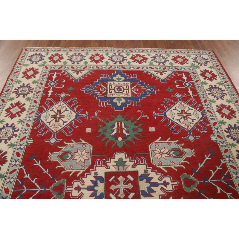 Red Geometric Kazak Area Rug Hand-Knotted Wool Carpet - 6'9" x 9'8"