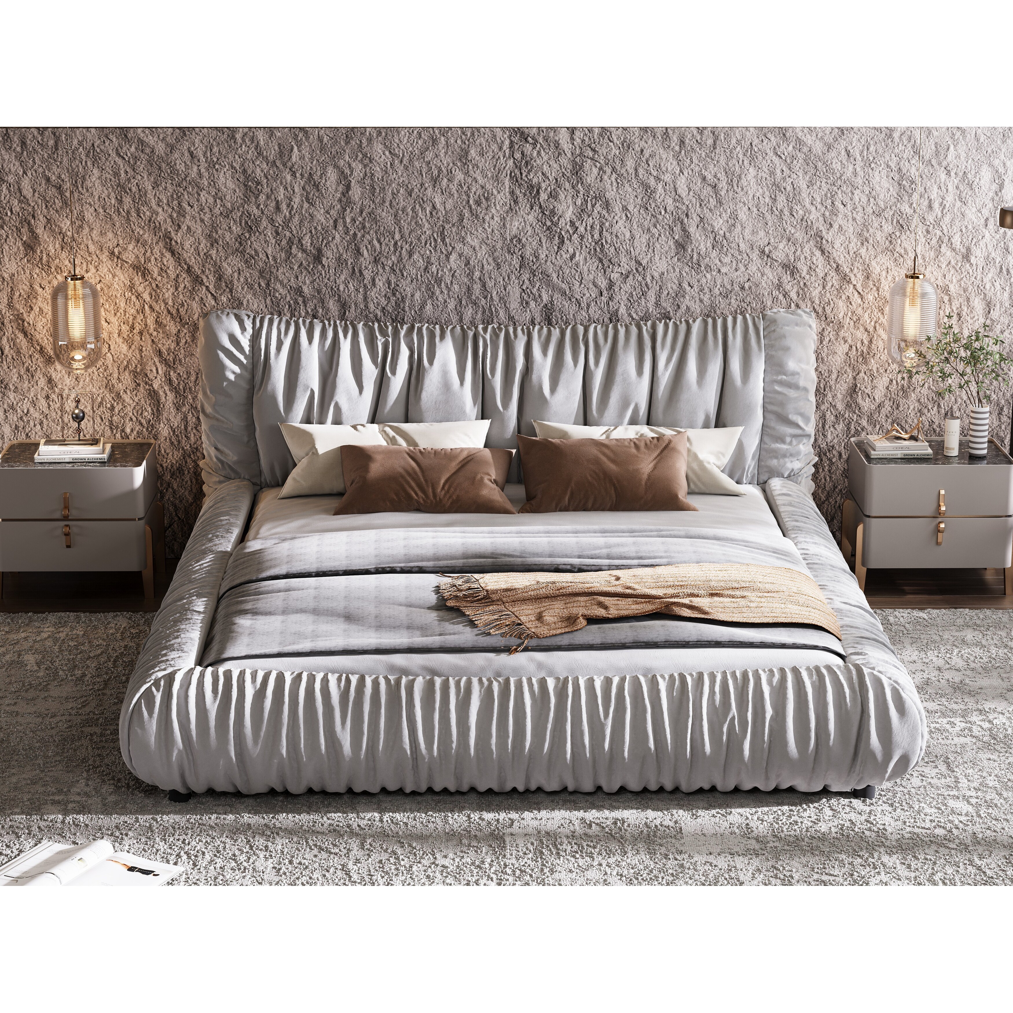 King Size Luxury Upholstered Bed with Thick Headboard, Modern King 