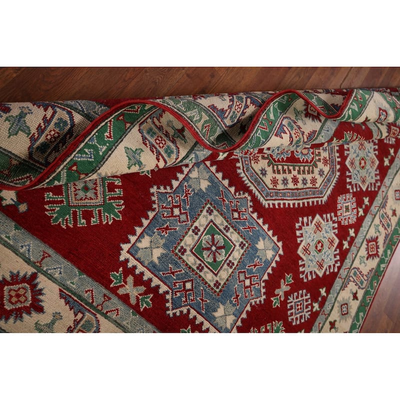 Geometric Red Kazak Area Rug Hand-Knotted Oriental Wool Carpet - 5'0" x 6'3"