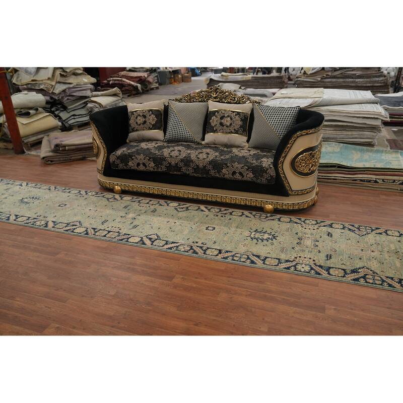 Hand Knotted Oriental 100% Wool Carpet Traditional Floral Navy Blue & Blues Ziegler Runner Rug - 22' 5'' X 3' 0''