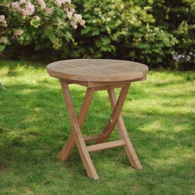 HomeRoots 20" Natural Rounded Solid Wood Folding Outdoor Side Table