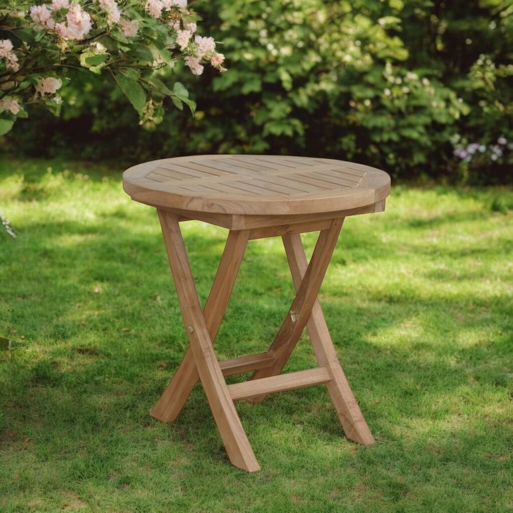 HomeRoots 20" Natural Rounded Solid Wood Folding Outdoor Side Table