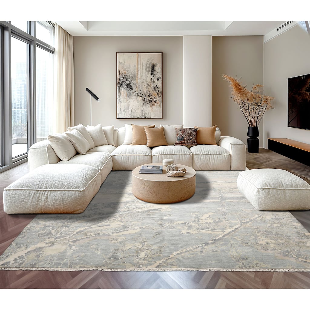 9'x11'11" Ivory Modern Tibetan Wool and Silk Hand Knotted Oriental Rug - 9' x 11' 11''